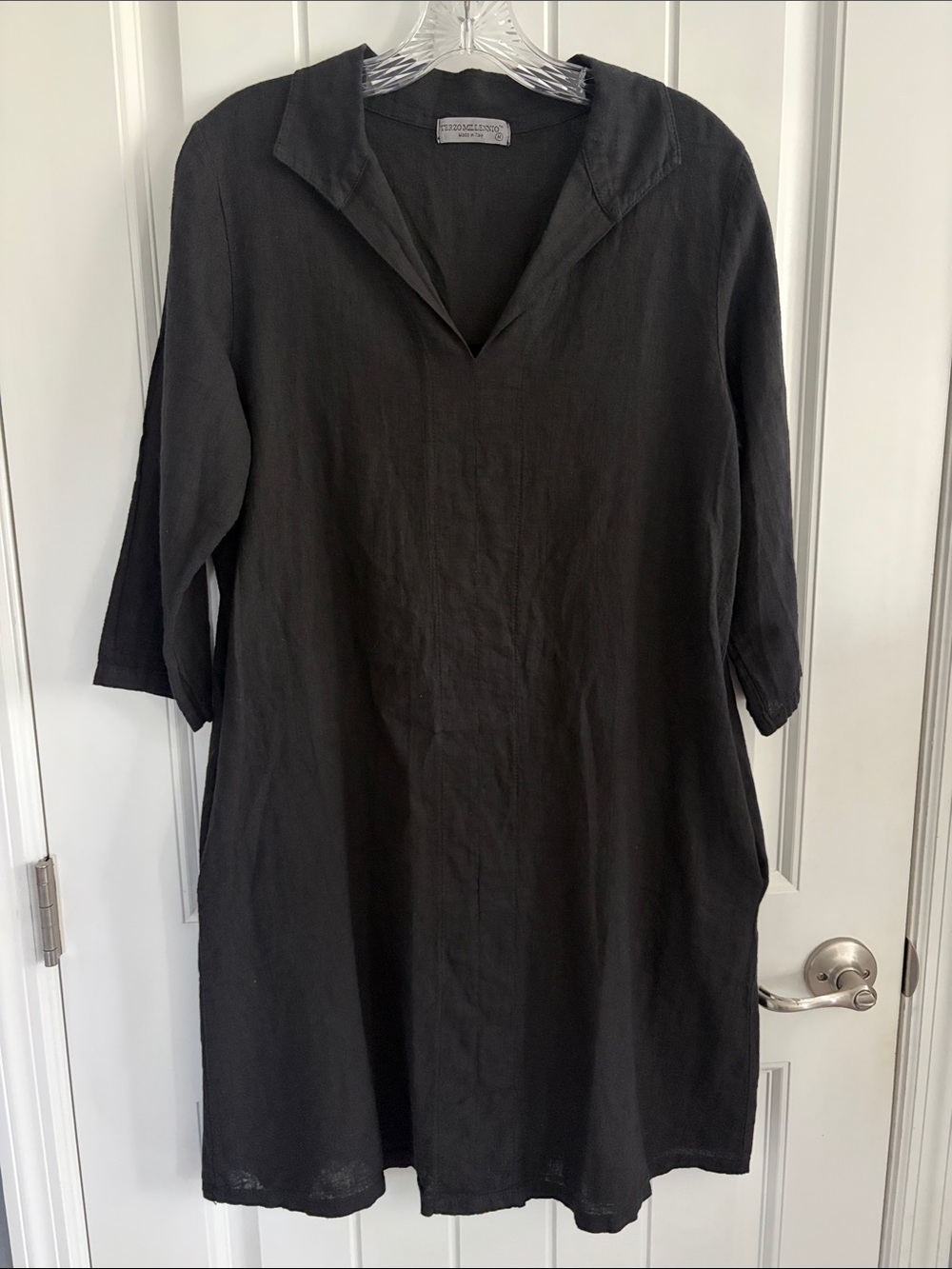 Terzo Millennio Luxury Linen Midi Black Dress Coastal Resort Pocket Italy M